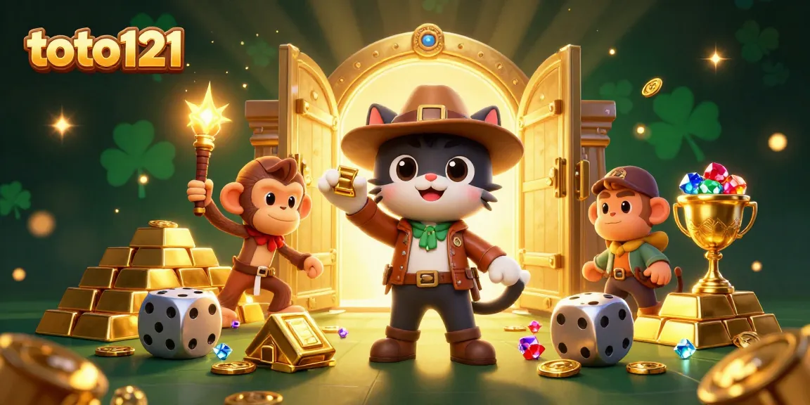 Gambarkan toto121 dengan kucing arkeolog dan monyet penuntun di kuil kasino emas.