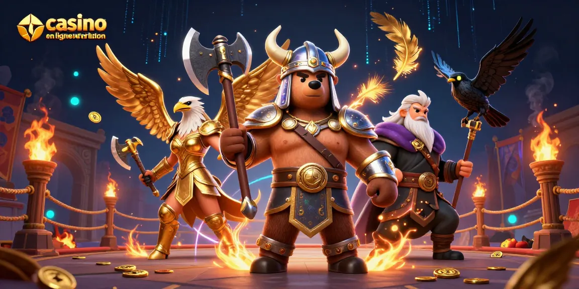 Jouer dans un casino en ligne sans vérification avec un ours viking et une aigle valkyrie dans une illustration dynamique.