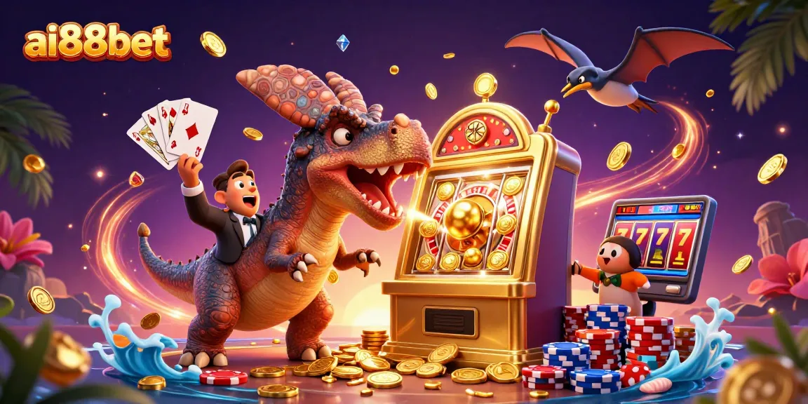 Experience the thrill of ai88bet as a pachycephalosaurus wins jackpot coins from a golden slot machine!