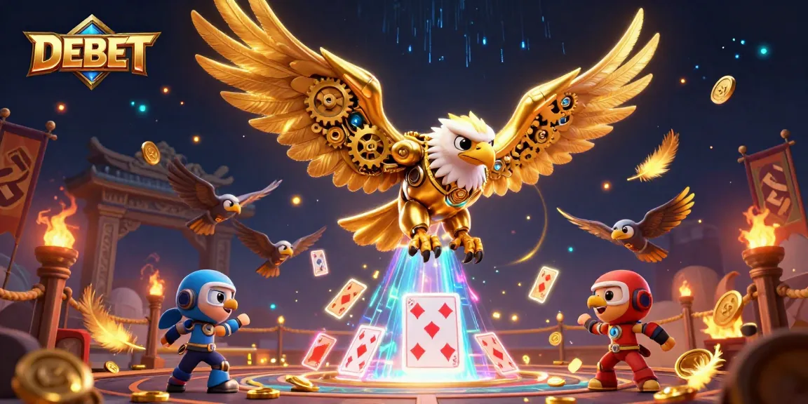 Engage with DEBET through a dynamic 3D casino illustration featuring a golden eagle and holographic cards.