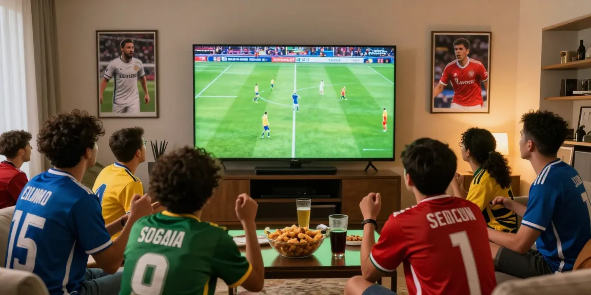 Pengalaman live streaming bola di ruang tamu dengan penggemar menonton bersama dan suasana ceria.