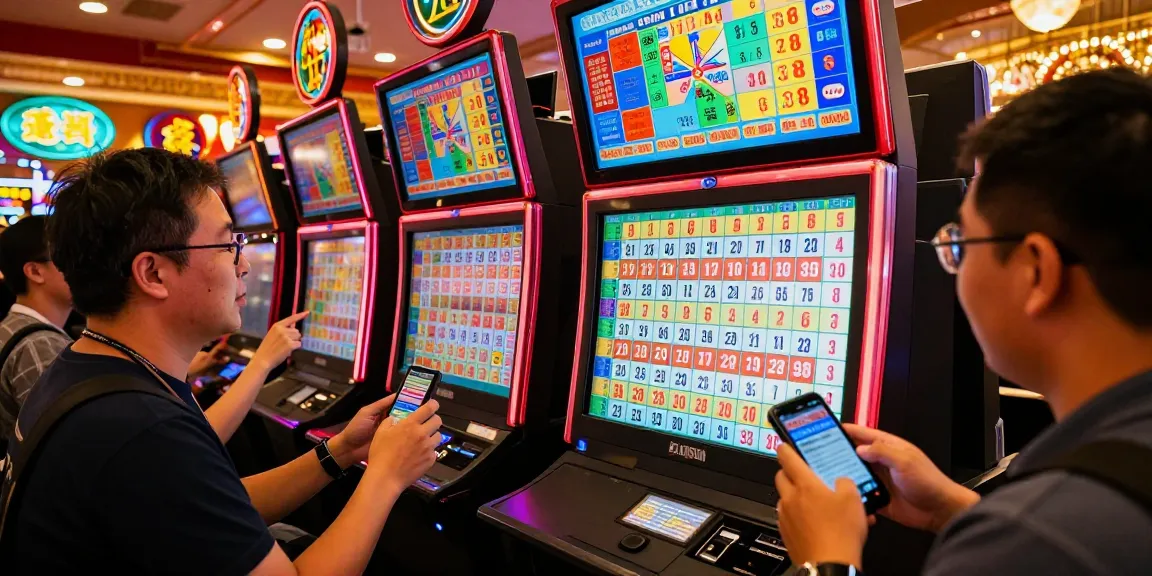 Players viewing jnetoto live draw results at a vibrant Macau gaming center.
