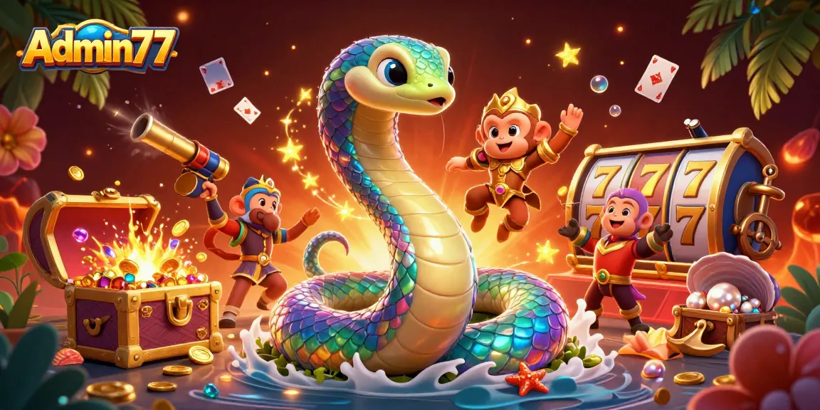 Engage with Admin77's gaming world featuring vibrant elements of slots, fireflies, and magical treasures.