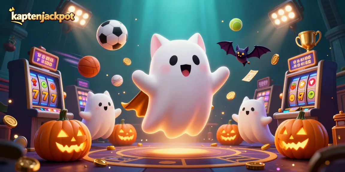 Engage with kaptenjackpot at an illustrated haunted casino mansion featuring vibrant 3D characters and dynamic gaming elements.