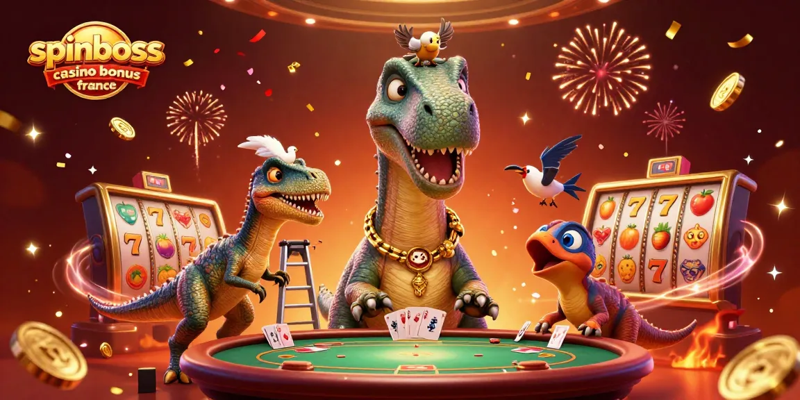 Profitez du bonus SpinBoss Casino France avec un brontosaurus et un rapace dans une scène festive.