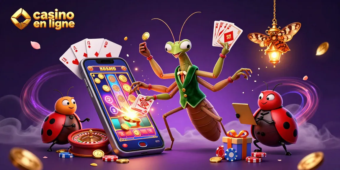 Animation dynamique de casino en ligne avec une mantide géante et un petit croupier, joyaux de jeux.