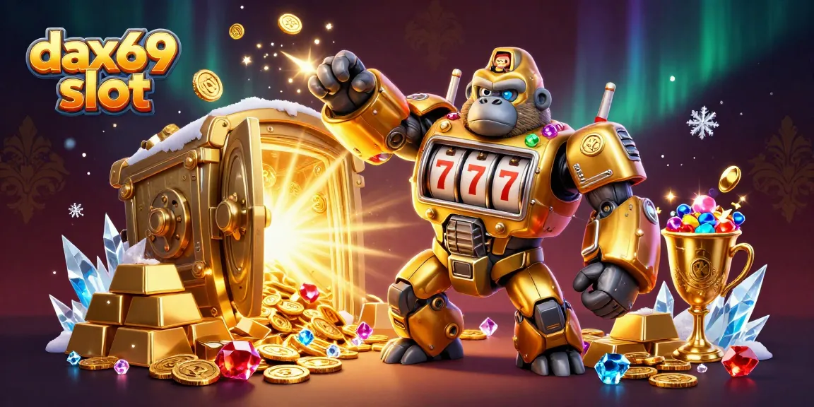 Mendapat jackpot besar di dax69 slot dengan karakter mecha gorila emas melawan cuan, direkam dalam ilustrasi 3D.