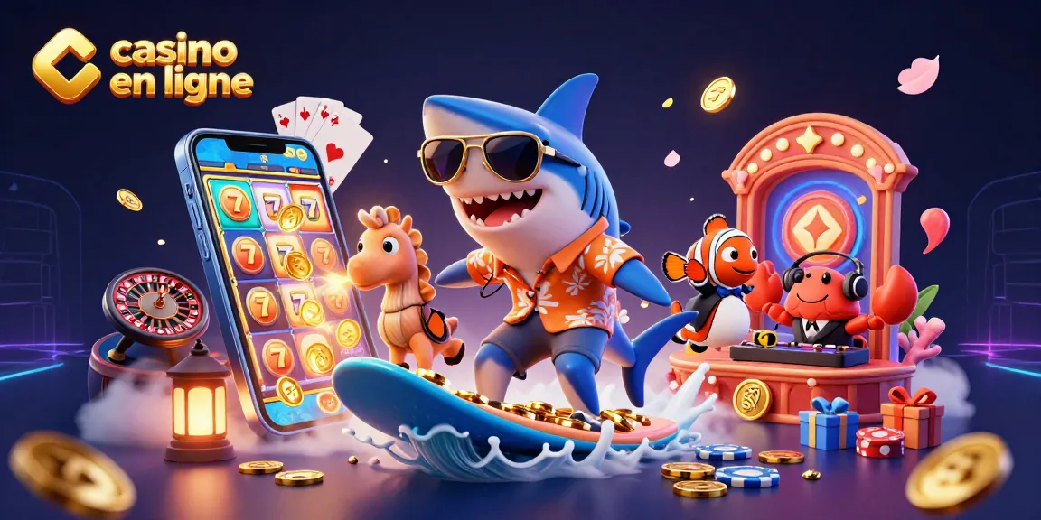 Découvrez un casino en ligne vibrant avec un requin surfeur et un poisson clown. Un festin de jeux et pièces d'or.