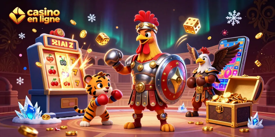 Vivez l'expérience du casino en ligne avec un illustratif 3D unique mettant en scène un coq gladiateur et des éléments de jeux.