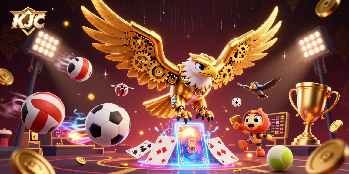KJC showcases a dynamic and engaging 3D illustration of a cybernetic eagle amidst flying sports balls and holographic playing cards.