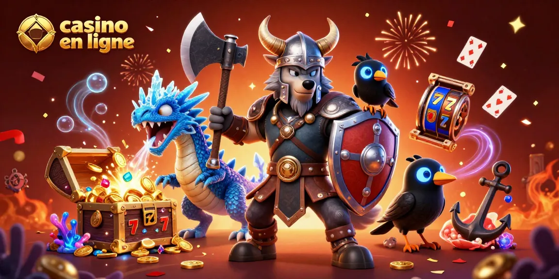 Jouez au casino en ligne avec ce guerrier Viking, un dragon, et une ambiance festive riche en trésors.