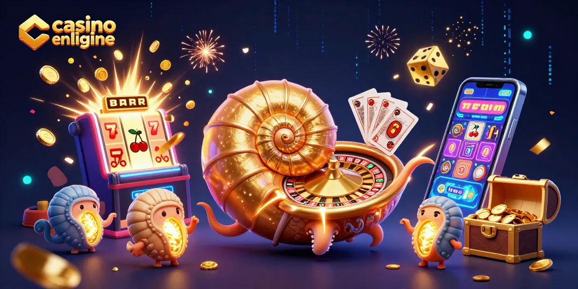 Illustration de casino en ligne avec un nautilus géant, des machines à sous et des jeux de cartes.