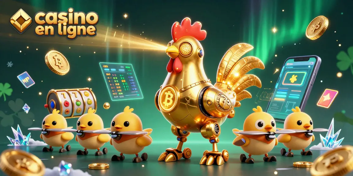 Découvrez une scène dynamique de casino en ligne avec un robot coq doré et ses drones, entourés de symboles de jeux.