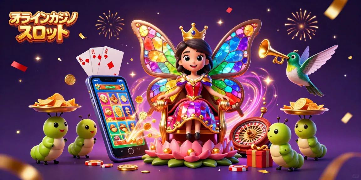 オンラインカジノ スロットでのゲームを楽しむ蝶の女王とキャタピラーのサポートシーン
