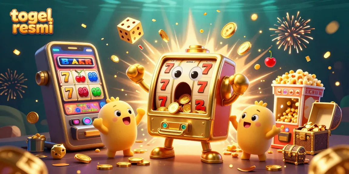 Menyaksikan togel resmi saat mesin slot emas beraksi dengan keberuntungan, koin berceceran.