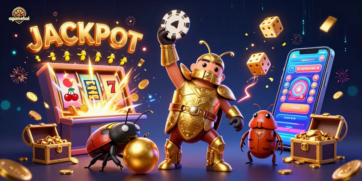 agamebai characters celebrate a jackpot scene with vibrant slot machine and casino elements.