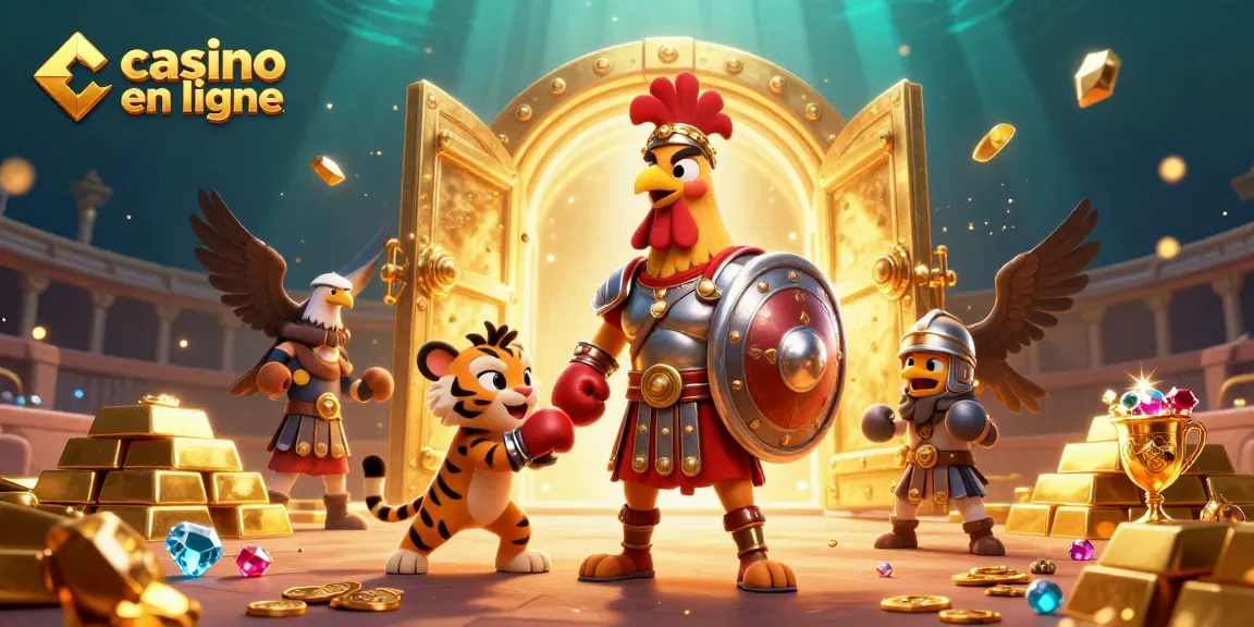Illustration captivante de casino en ligne représentant un coq gladiateur avec un tigre et un aigle.