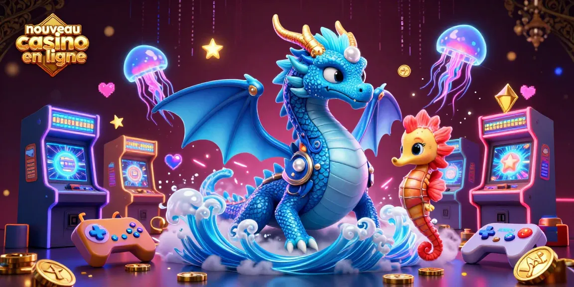 Illustration dynamique d'un nouveau casino en ligne avec un dragon d'eau et des machines à sous colorées.