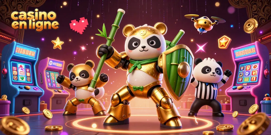 Plongez dans l'excitation des jeux de casino en ligne avec un panda doré pilotant un robot dans une arène animée.