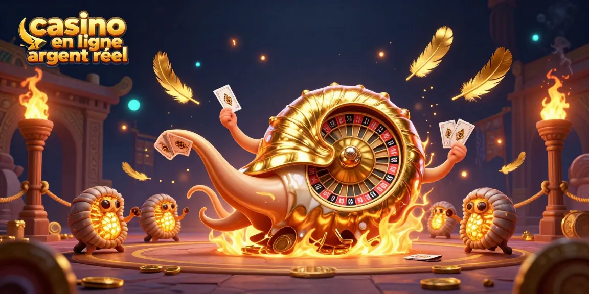 Admirez l'animation captivante d'un nautilus géant au casino en ligne argent réel, entouré de cartes et de pièces d'or.