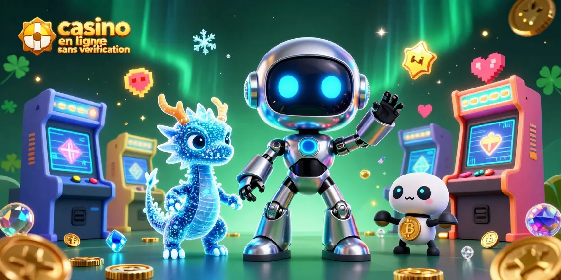Illustration dynamique d'un casino en ligne sans vérification, avec un robot cyberpunk et un dragon holographique.