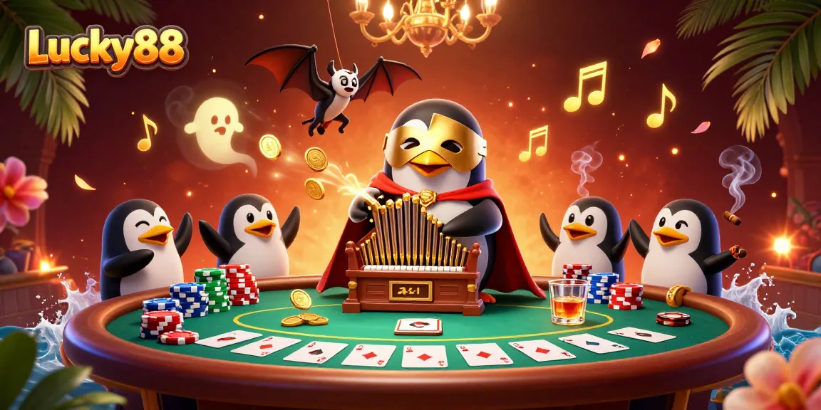 Experience the excitement at Lucky88 with a vibrant 3D casino illustration featuring poker and riches.