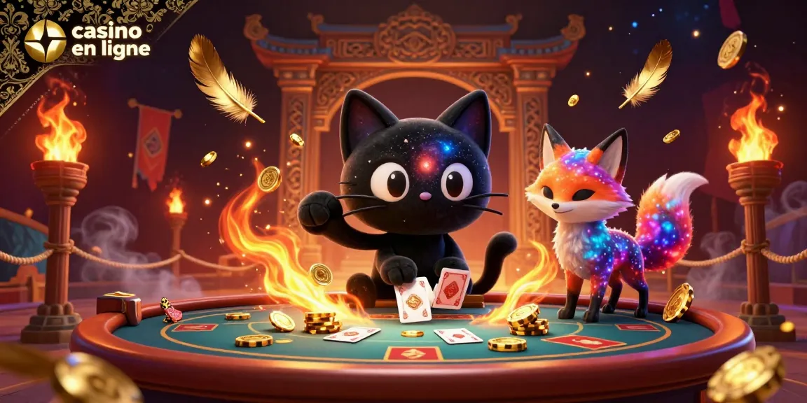 Jouer au casino en ligne avec un chat noir trou noir et un renard nébuleux dans une scène dynamique.