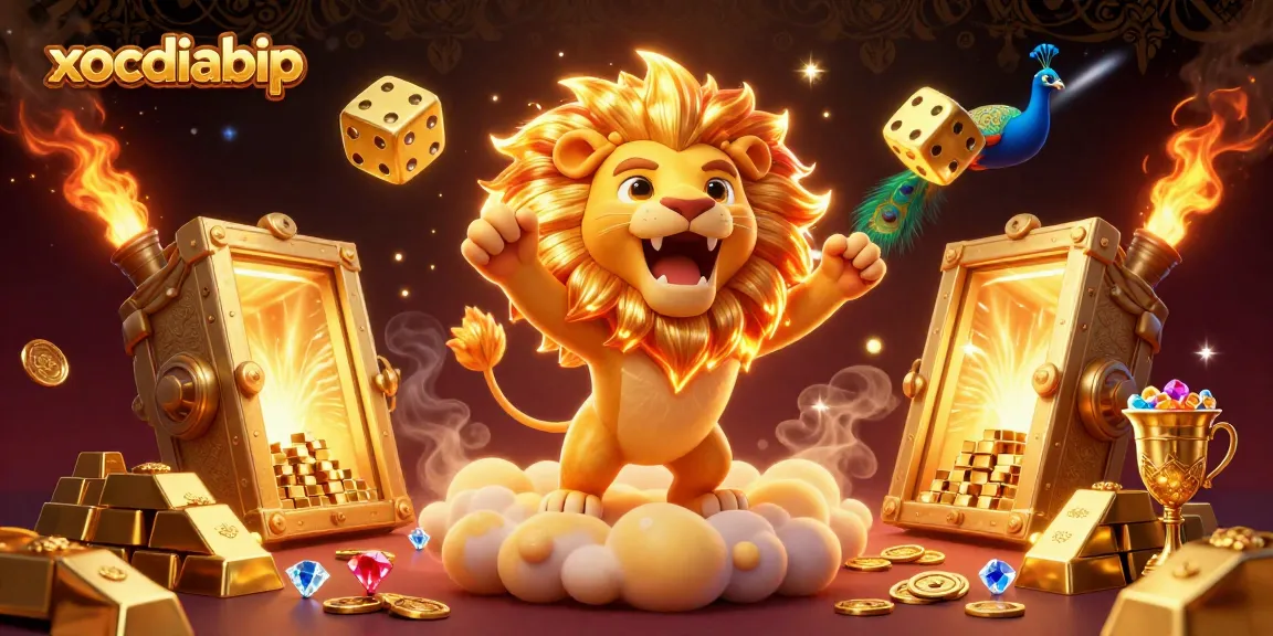 xocdiabip showcases an energetic casino scene with a roaring sun lion, golden dice, and gleaming treasures.