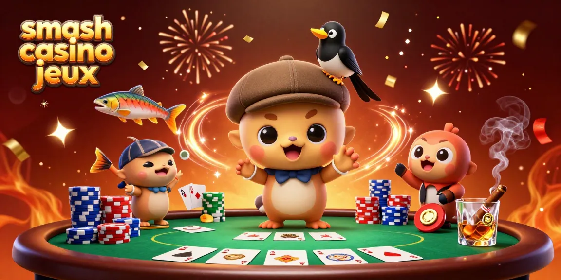 Découvrez les jeux de Smash Casino, avec une illustration dynamique de Nessie et des éléments de poker.