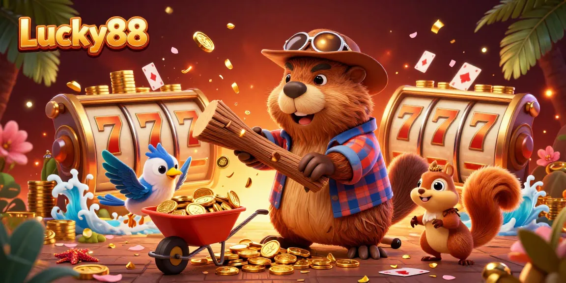 Experience Lucky88's vibrant gaming world with cartoon characters celebrating winning moments