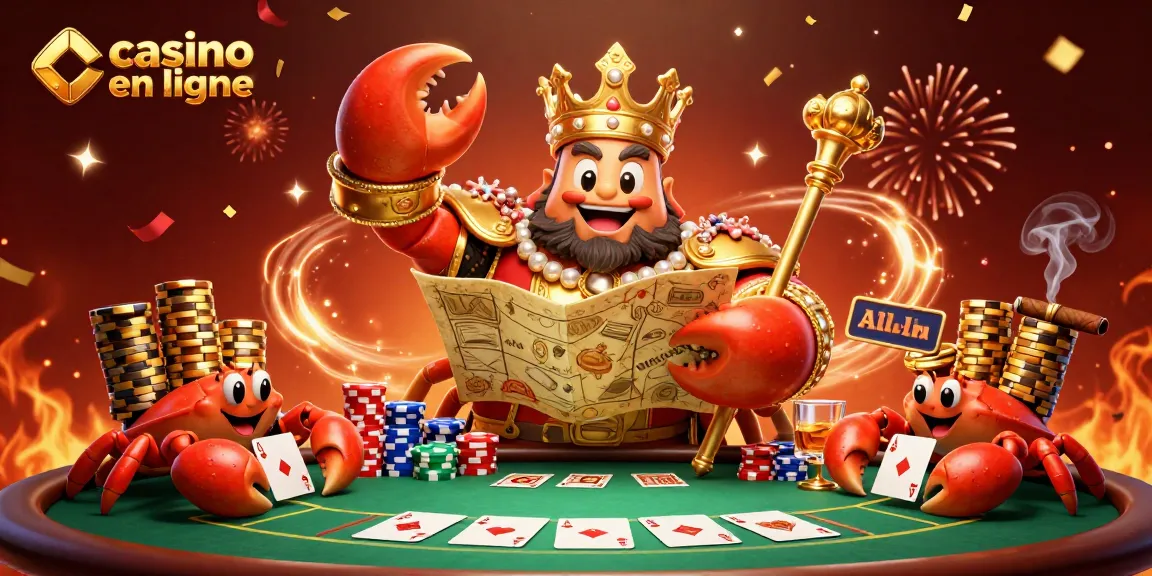 Découvrez un casino en ligne animant un empereur crabe entouré de serviteurs portant des jetons d'or.