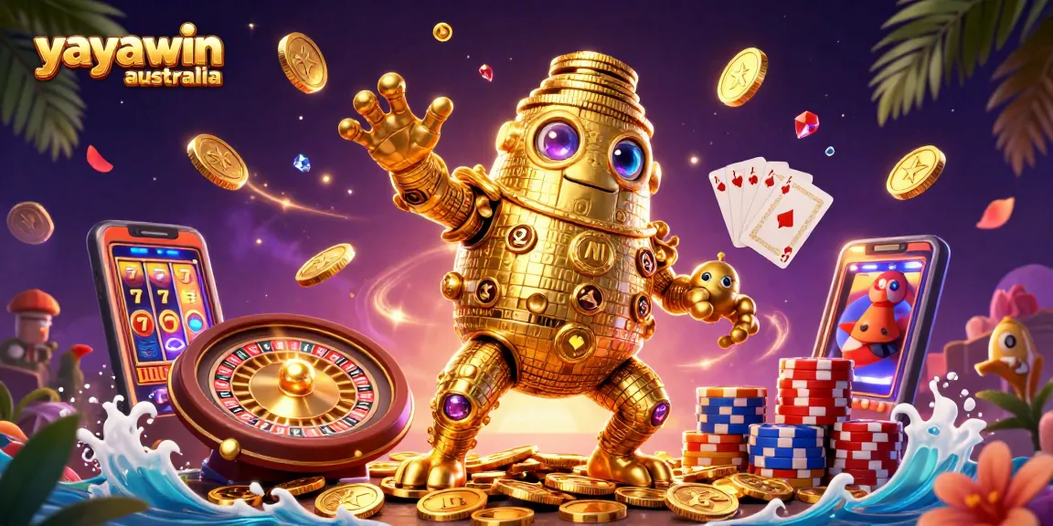 Exciting yayawin australia gaming experience with a golden golem, coins, and vibrant casino elements.