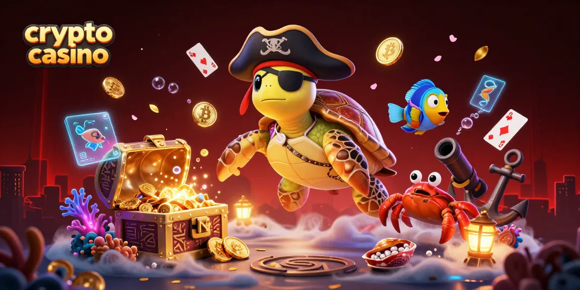 Expérience captivante au crypto casino avec une tortue pirate 3D et des pièces de Bitcoin scintillantes.