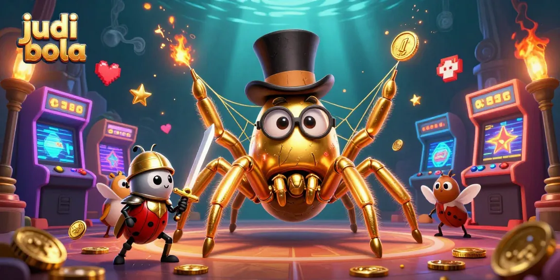 Engage in judi bola action with an epic battle scene featuring a golden tarantula and beetle knight in a vibrant casino.