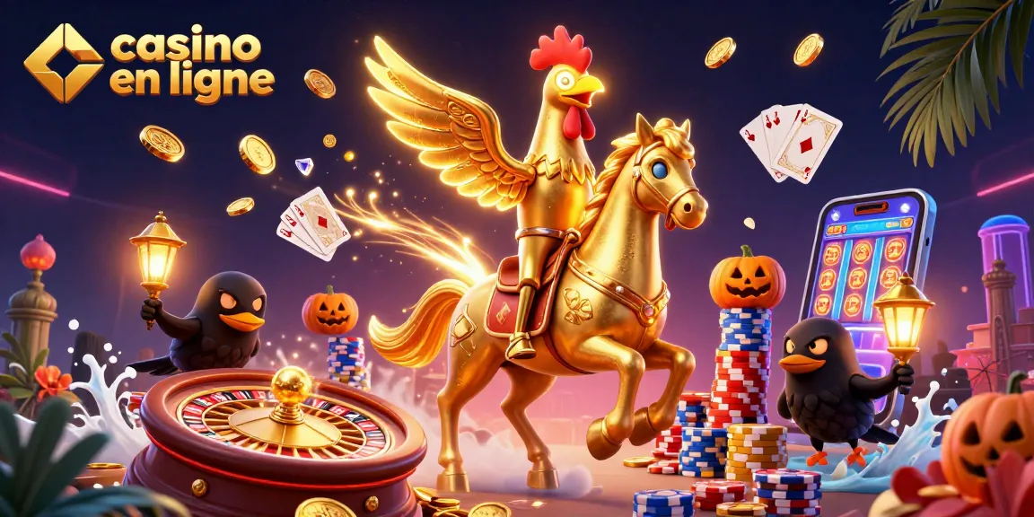 Jouez sur casino en ligne avec un coq doré au casino, entouré de pièces et de jeux scintillants.