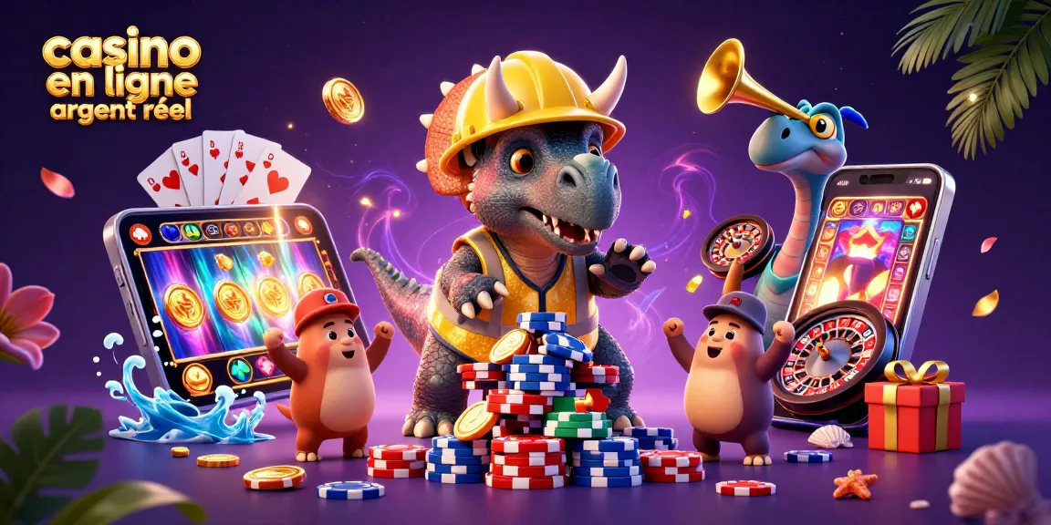 Le triceratops construit une pyramide de jetons au casino en ligne argent réel, entouré d'animations festives.
