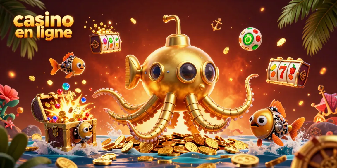Jouez à casino en ligne avec un kraken doré et des gestes colorés dans un océan de jetons.