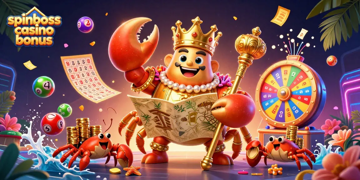 Illustrez le bonus SpinBoss casino avec une scène dynamique de crabes et éléments de jeu.