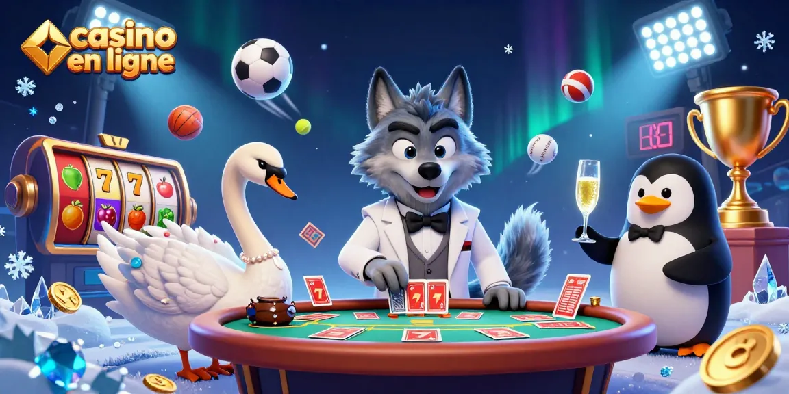 Illustration animée d'un casino en ligne avec un loup élégant et un cygne, jouant au baccarat.