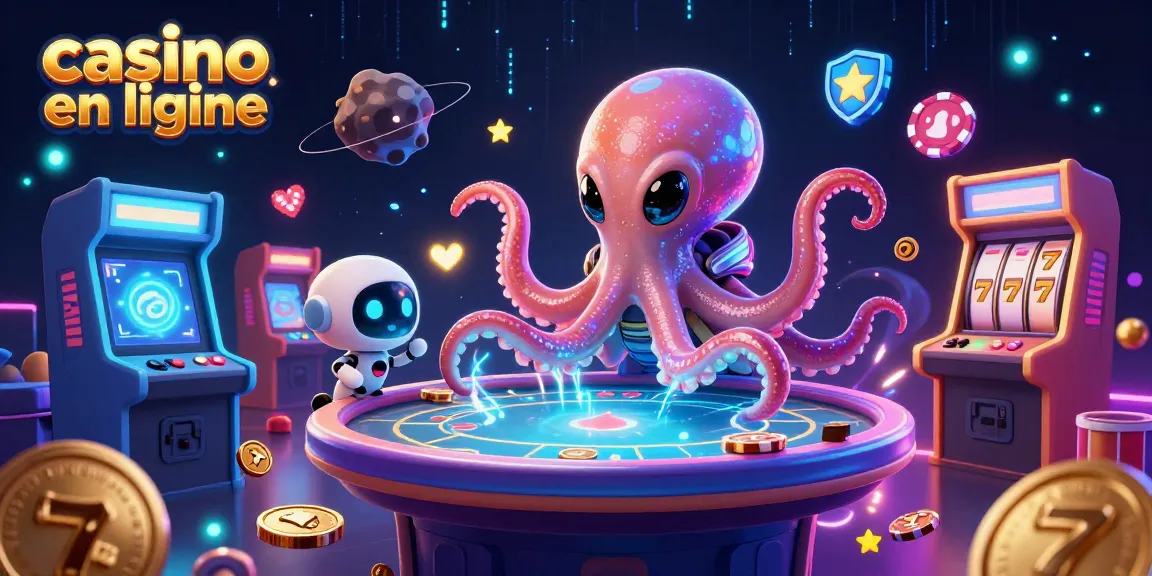 Jouez et gagnez au casino en ligne avec cette illustration colorée 3D d'un octopus et un petit robot.