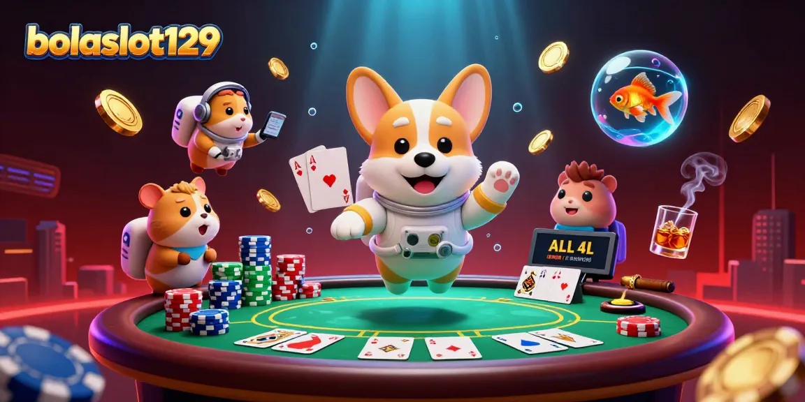 Bolaslot129 casino adventure with a floating corgi, hamster, and goldfish in a vibrant space station.