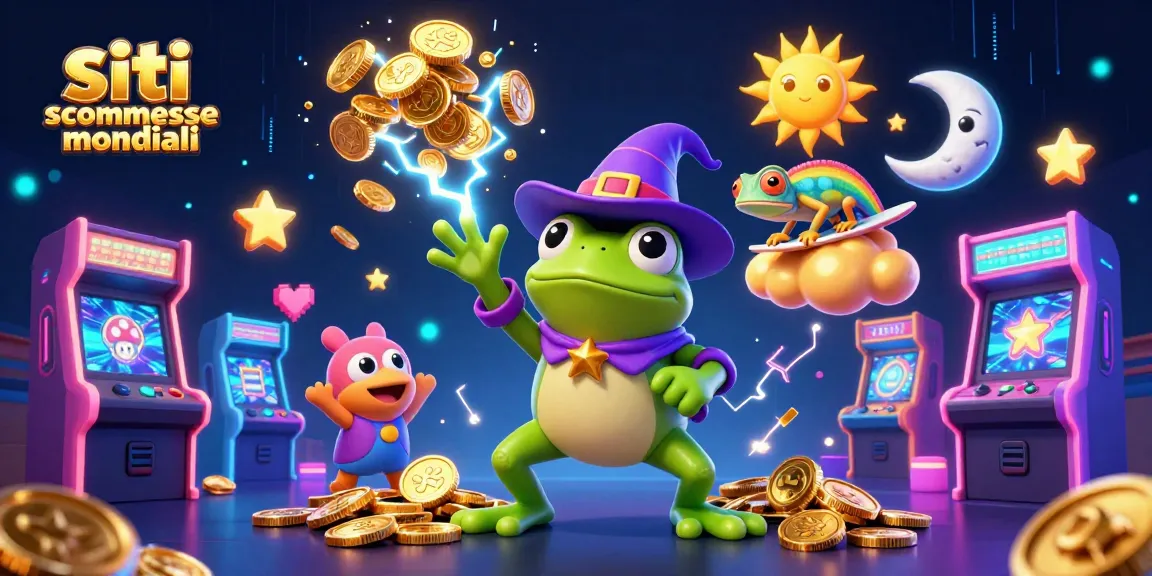 Siti scommesse mondiali: esplora un'illustrazione dinamica di personaggi magici e giochi arcade che celebrano le scommesse sul calcio.