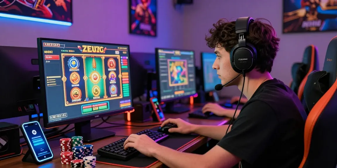 Player enjoying situs 888 slot game with vibrant graphics and casino chips on a gaming desk.