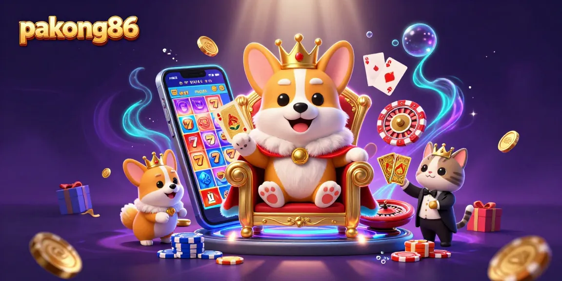 Experience pakong86's vibrant gaming scene featuring a corgi king, a cat butler, and exciting slot elements!