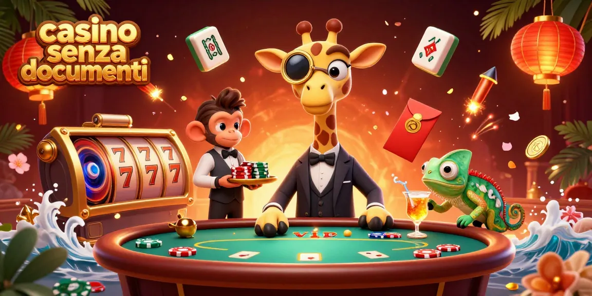Gioca nel casino senza documenti con giraffa giocatore, valet scimmia e bartender camaleonte in un'illustrazione vivace.