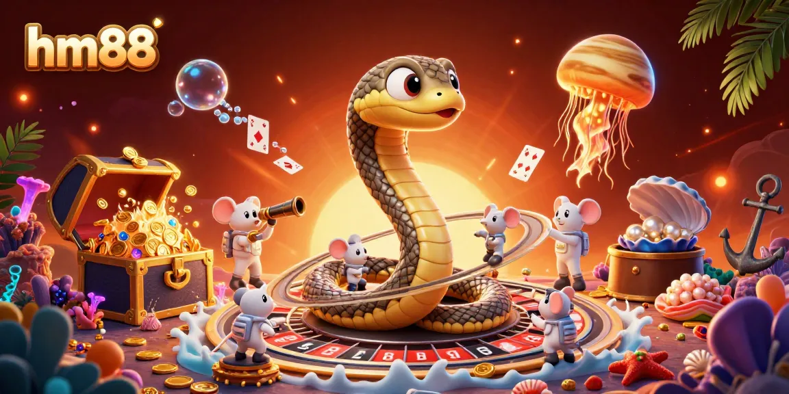 Engage with the hm88 universe as astronauts bet on a cosmic roulette wheel in a vibrant casino scene.