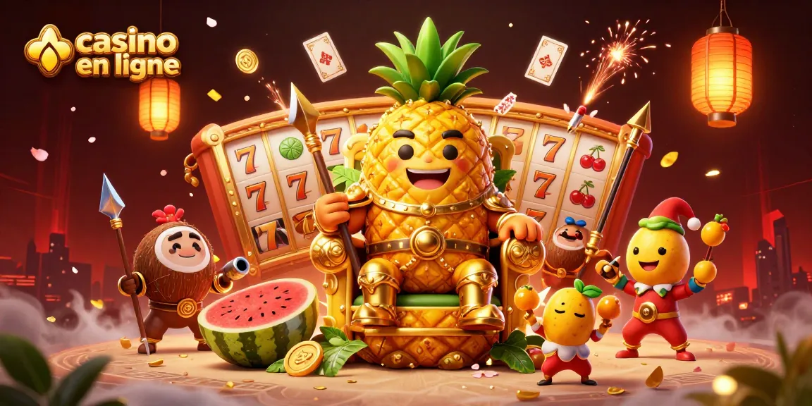 Illustration dynamique de casino en ligne avec un roi ananas doré et des éléments de jeu colorés.