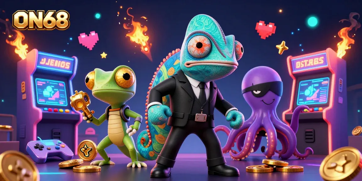 Engage with ON68 in a vibrant casino scene featuring colorful characters and dynamic games.