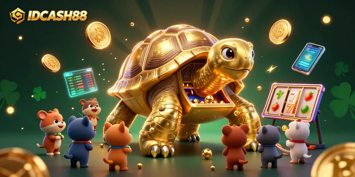 Experience exhilarating slot action at IDCASH88 with vibrant cryptocurrency elements and a playful tortoise mascot.
