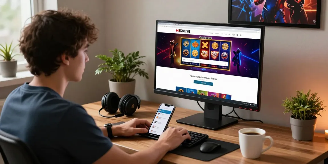 Engaged user logging into HERO138 gaming platform on computer, vibrant gaming graphics visible
